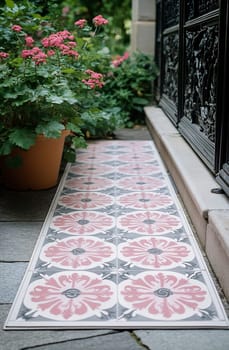 A beautiful tiled pathway lined with pink flowers leads to an ornate entrance, showcasing vibrant colors and natural beauty.