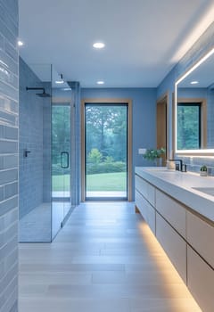 Bright bathroom features a spacious layout with a glass shower, natural light, and a view of greenery outside.