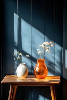 Two vases with delicate flowers sit atop a wooden table, illuminated by soft sunlight against a dark blue wall.