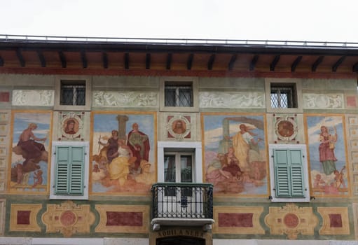 Cortina d Ampezzo, Italy - Sept 6, 2024: Ciasa dei pupe Historic Bulding in Cortina d Ampezzo, formerly the Hotel Aquila Nera on the Corso Italia with Famous Frescoes by Luigi and Giuseppe Ghedina