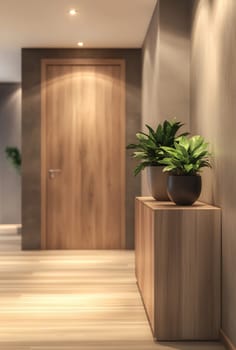 A well-lit hallway showcases wooden accents and potted plants, creating a serene and stylish atmosphere in a contemporary setting.
