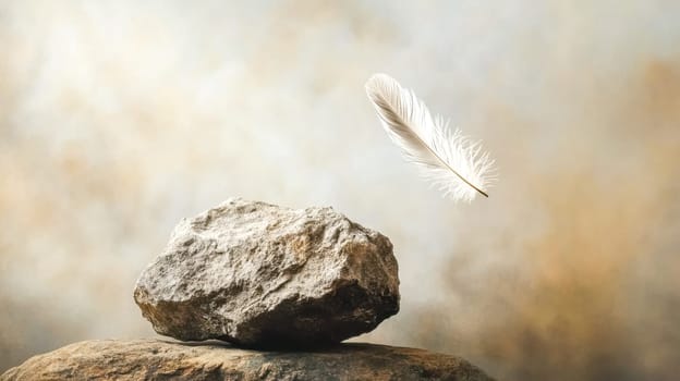 Heavy rock sits on a larger stone while a feather floats gently nearby, creating a symbolic representation of opposing concepts such as strength and fragility, or heaviness and lightness