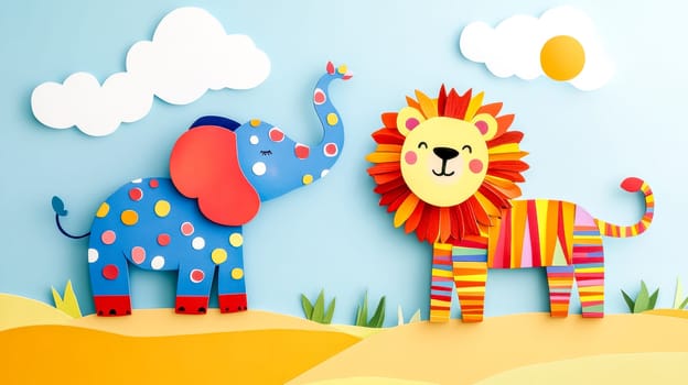 Cheerful paper elephant and a vibrant lion stand together in a whimsical safari landscape, crafted with colorful paper cutouts, clouds, and a shining sun, creating a playful and imaginative scene