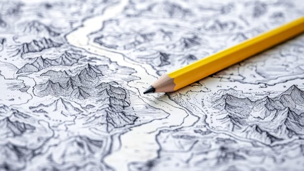 Pencil traces a winding path on a meticulously hand drawn fantasy map, depicting mountains, rivers, and unexplored territories, inviting viewers into a world of adventure and imagination