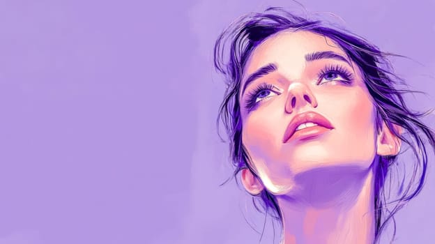 Portrait painting of a young woman with dreamy expression, soft smile, looking up on a purple background, her hair slightly blowing in the wind