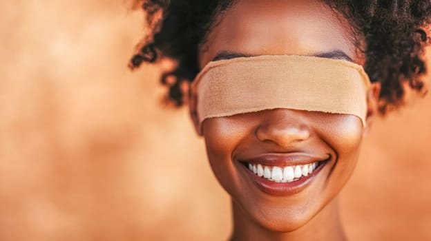 Close up portrait of a cheerful young african american woman with a blindfold over her eyes, smiling broadly and radiating positivity, conveying a sense of carefree joy and optimism