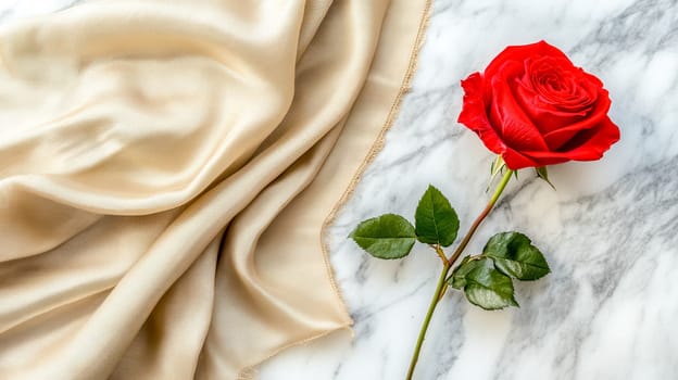 Blooming red rose nestled among lush green leaves, resting beside a luxurious silk scarf on a white marble table, creating an atmosphere of elegance and romance
