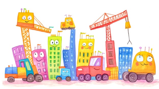 Colorful watercolor illustration featuring smiling buildings and construction vehicles, creating a cheerful and playful scene for children's projects