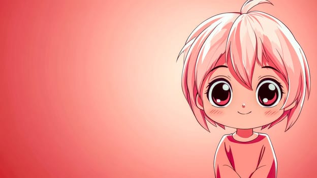Charming chibi anime girl with pink hair and large, expressive eyes smiles gently against a soft pink backdrop, creating a heartwarming and adorable scene