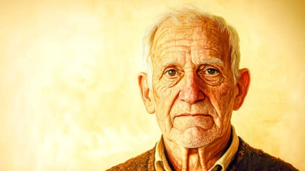 Portrait of an elderly man with a thoughtful, nostalgic expression, set against a warm yellow background. The detailed features highlight wisdom, life experience, and emotional depth