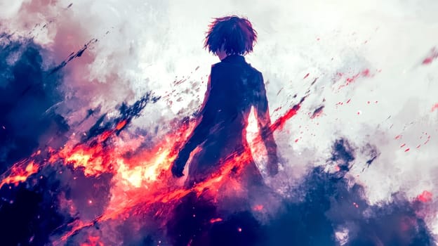 Intense anime character with short dark hair and a long coat walks away from a fiery explosion with red and orange flames and dark smoke billowing around