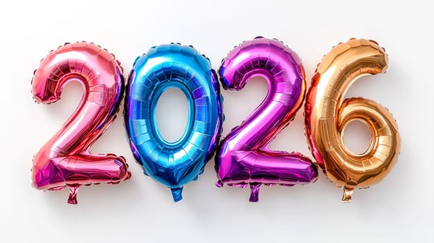 Colorful and shiny inflatable balloons forming the number 2026, placed on a clean white background, creating a festive and celebratory atmosphere for the upcoming new year