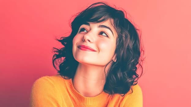 Portrait of a cheerful young woman with curly hair wearing a yellow sweater, smiling and looking up with a playful expression against a vibrant pink background