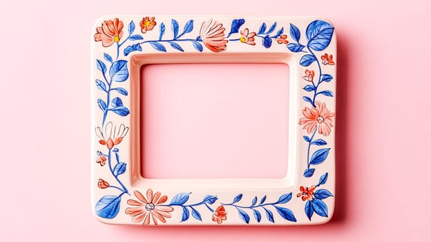 Empty, square, hand painted ceramic picture frame featuring a delicate floral decoration in blue and orange, resting on a vibrant pink background, creating a cheerful and inviting scene