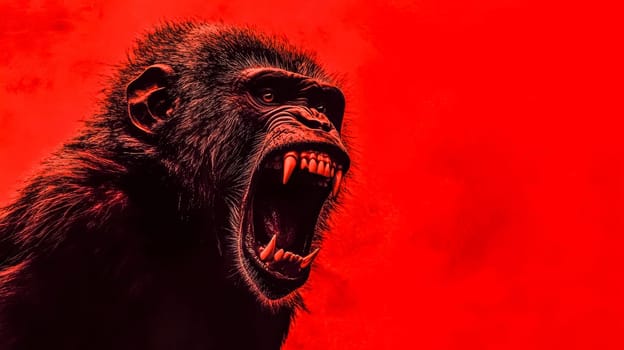 Baboon glaring intensely while baring sharp teeth and screaming, set against a vibrant red background, creating a dramatic and powerful portrayal of anger and aggression