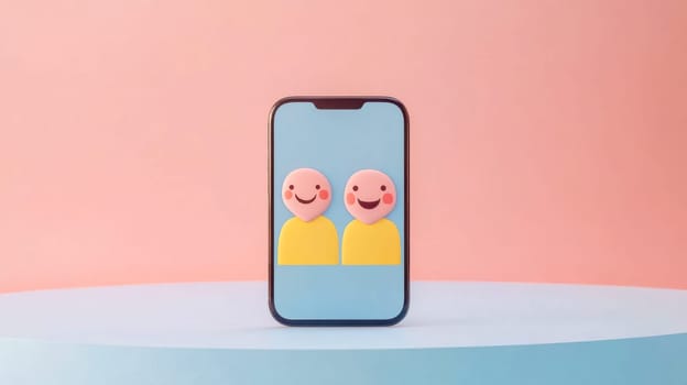 Mobile phone displaying two matching profiles with smiling faces, symbolizing online dating, social connection, and finding love in the digital age, against a vibrant pastel backdrop