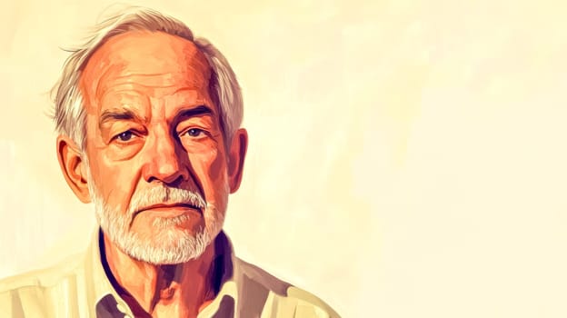 The portrait captures a senior man with a contemplative expression, his lined face and white beard suggesting a lifetime of accumulated wisdom and experience, evoking a sense of nostalgia and depth