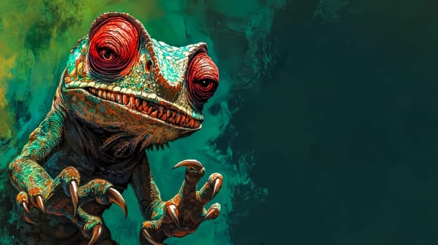 Creepy chameleon displaying sharp claws and menacing teeth, sporting an evil grin and glowing red eyes, set against a dark green background in a vivid fantasy illustration