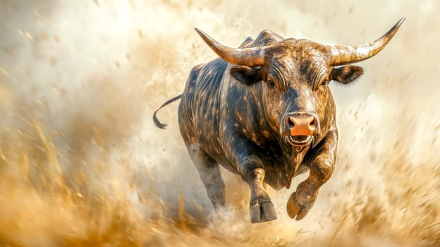 Muscular bull charging forward, kicking up dust and debris while racing through the arena, radiating power and determination with every swift, powerful stride