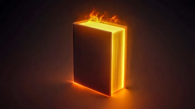 Closed book with a blank cover is emanating a warm orange glow from its pages and emitting flames from its top, suggesting concepts of knowledge, magic, and forbidden wisdom