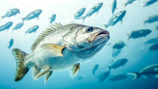 Large fish gliding gracefully through clear blue ocean water, surrounded by a vibrant school of smaller fish in the background, creating a stunning underwater spectacle
