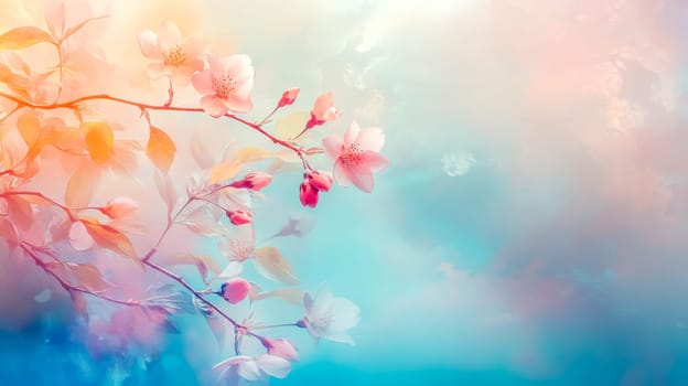 Gentle sunlight illuminates delicate cherry blossoms, casting a soft glow against a hazy sky, evoking a serene atmosphere of springtime renewal and natural beauty