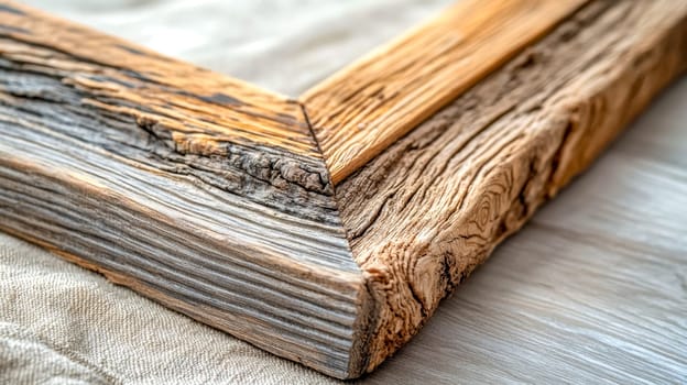 Close up of the corner of a rustic wooden picture frame highlighting the natural wood texture, showcasing the craftsmanship and beauty of the aged wood grain