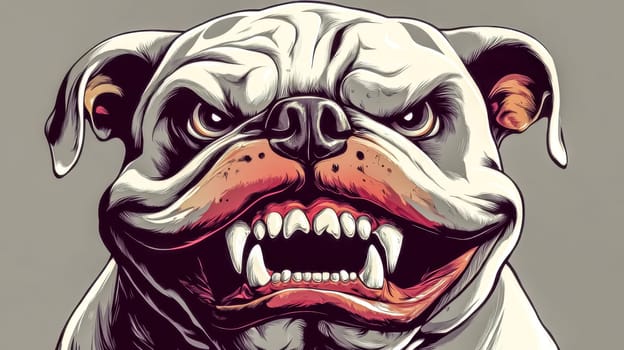 Illustration featuring a white bulldog growling fiercely, baring sharp teeth with a menacing grin, creating an intense and powerful presence that exudes aggression and threat