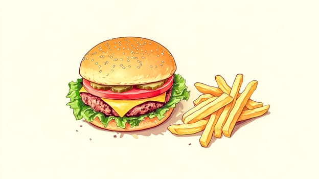 Classic cheeseburger with lettuce, tomato, pickles, and cheese served with a side of crispy golden french fries, creating a tempting fast food meal