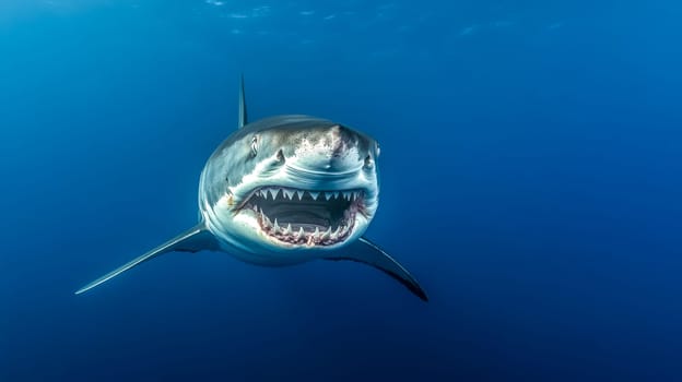 Great white shark swimming in the deep blue ocean with its mouth wide open, displaying rows of sharp teeth, creating a powerful and intimidating image of this apex predator