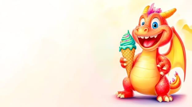 Friendly cartoon dragon with wings and a big smile enjoying a colorful ice cream cone, perfect for children's illustrations or fantasy projects