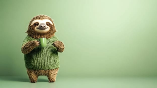 Friendly sloth wearing a cozy green sweater enjoys a warm beverage, creating a heartwarming and whimsical scene against a vibrant green backdrop