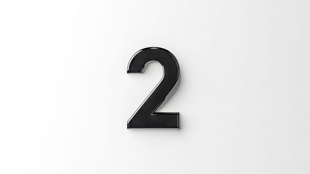 Black chrome number two symbol standing on a white background, creating a minimalist and modern composition, ideal for graphic design or educational projects