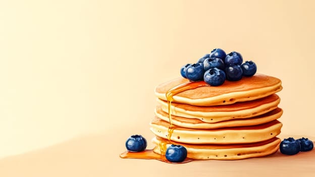 Delicious golden brown pancakes stacked high, topped with fresh blueberries, and generously drizzled with syrup, creating an irresistible breakfast treat perfect for any meal