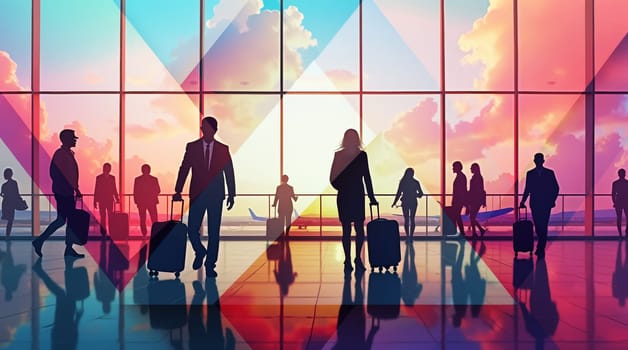 Silhouetted Travelers Explore Vibrant Airport Backdrops During Sunset Journeys