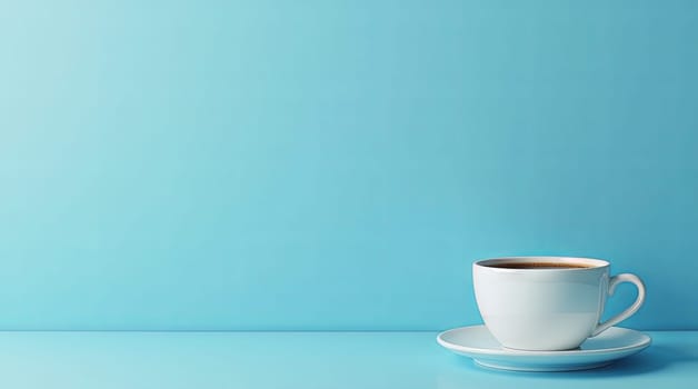 Cup of Coffee on Blue Background Copy Space Marketing Concept