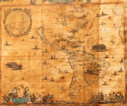 Genoa, Italy - 28 December 2023: ancient cartography located in Spinola Palace. Authentic old map showing the world known to Europeans in the mid 17-th Century. Exploration, geography, vintage background.