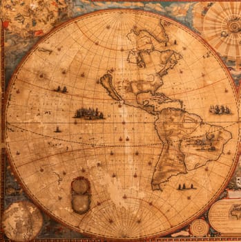 Genova, Italy - 8 August 2023: Spinola Palace. Authentic antique map shows the world known to Europeans in the mid 17-th Century. Exploration, geography, vintage background