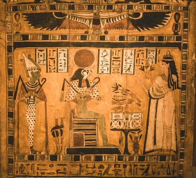 Turin, Italy - February 04, 2024: Egyptian Museum. Stela of Neskhonsu, sistrum player of Amun-Re. Wood, Ptolemaic Period 332-30 BC.