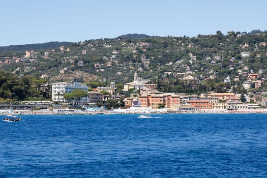 Liguria, Italy - 07 August 2023: the coastline between Rapallo and Santa Margherita Ligure, Ligurian riviera.