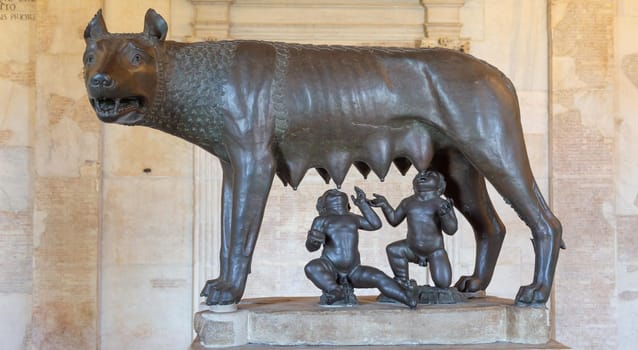 Rome, Italy - 20 August 2023: Capitoline museum, She-wolf, masterpiece of bronze sculpture early 5th century B.C.
