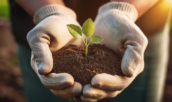 Woman gardener hands holding fertile soil with grown green seedling. Closeup palms wearing working gloves planting a fresh sprout. Bio food global supply. Eco farming concept