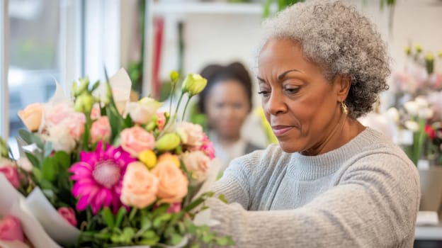 African american mature florist woman creates bouquet of flowers in flower store, AI Generated