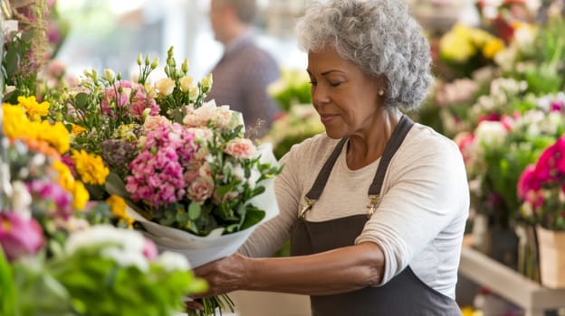 African american mature florist woman creates bouquet of flowers in flower store, AI Generated