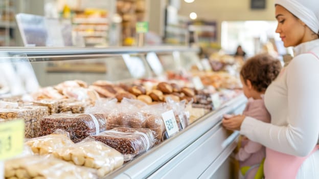 Mother and child shopping for fresh produce at grocery store, family lifestyle background, AI generated