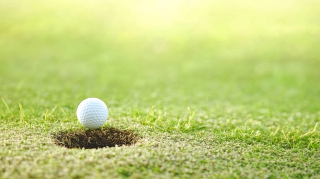 Golf ball near hole on green grass, concept of sport and leisure, AI Generated