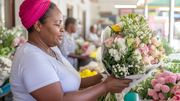 African american mature florist woman creates bouquet of flowers in flower store, AI Generated