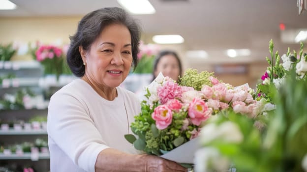 Latin american mature florist woman creates bouquet of flowers in flower store, AI Generated