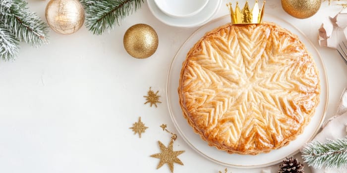 Three kings holiday festive cake topped with golden paper crown on a table, background, AI generated