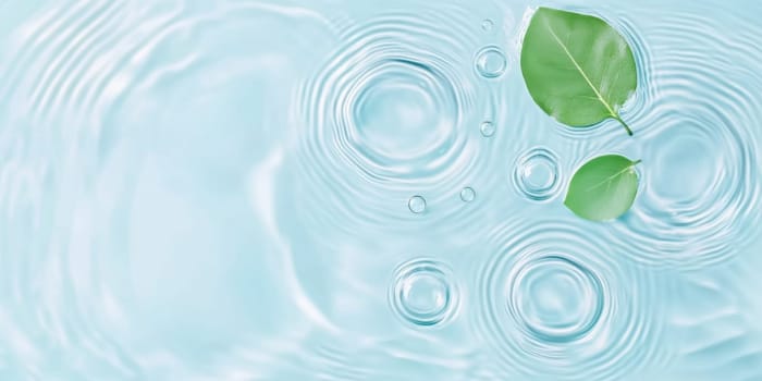 A green leaf floating on water showing ripples and bubbles, suitable as SPA background, AI generated